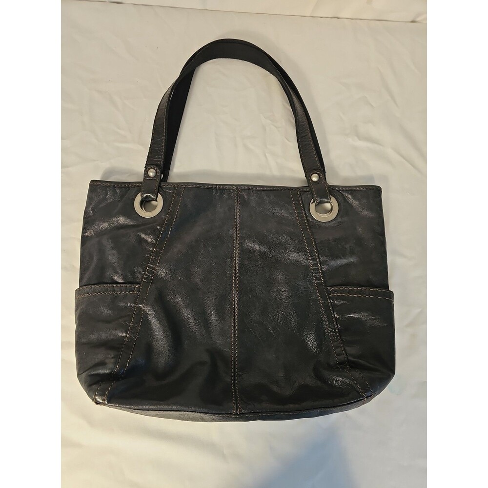 Vintage Fossil Black Tote Shoulder Bag Silver Grommets Snap Closure